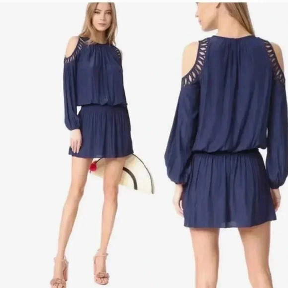 Ramy Brook Shelby Cold Shoulder Drop Waist Blue Tunic Length Mini Dress(XS)
